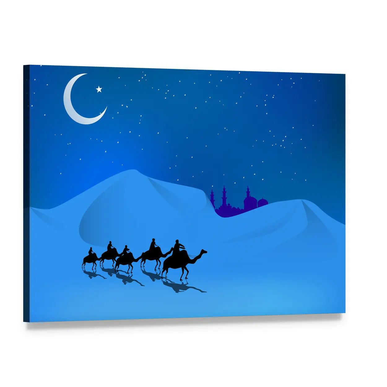 Camel Caravan Under Crescent Moon Canvas Wall Art, single panel gallery wrapped canvas, angled product view