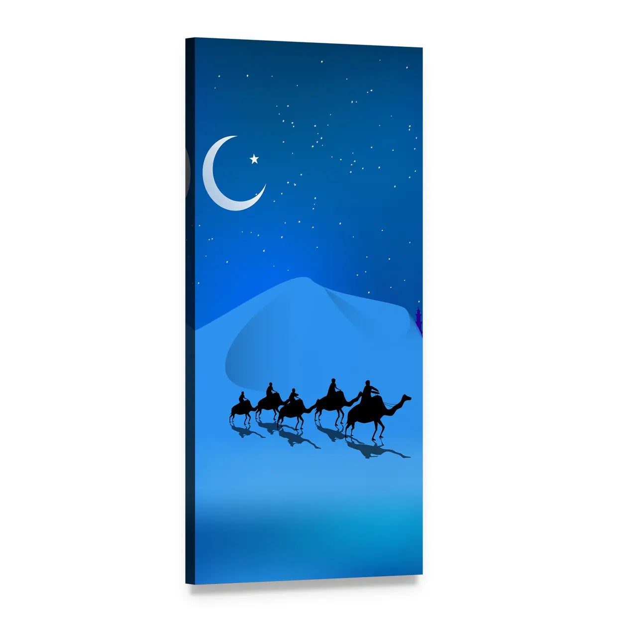 Camel Caravan Under Crescent Moon Vertical Canvas Wall Art, 1 panel 1 Vertical layout gallery wrapped canvas set, angled product view
