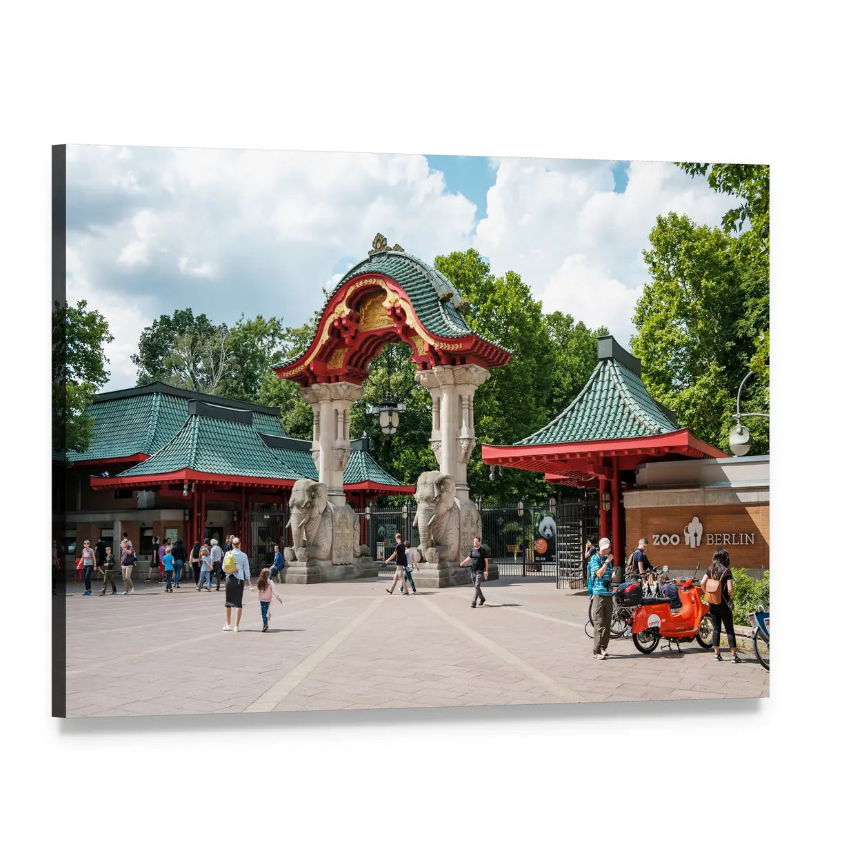 Ornate Oriental Gate with Elephant Statues Canvas Wall Art, single panel gallery wrapped canvas, angled product view