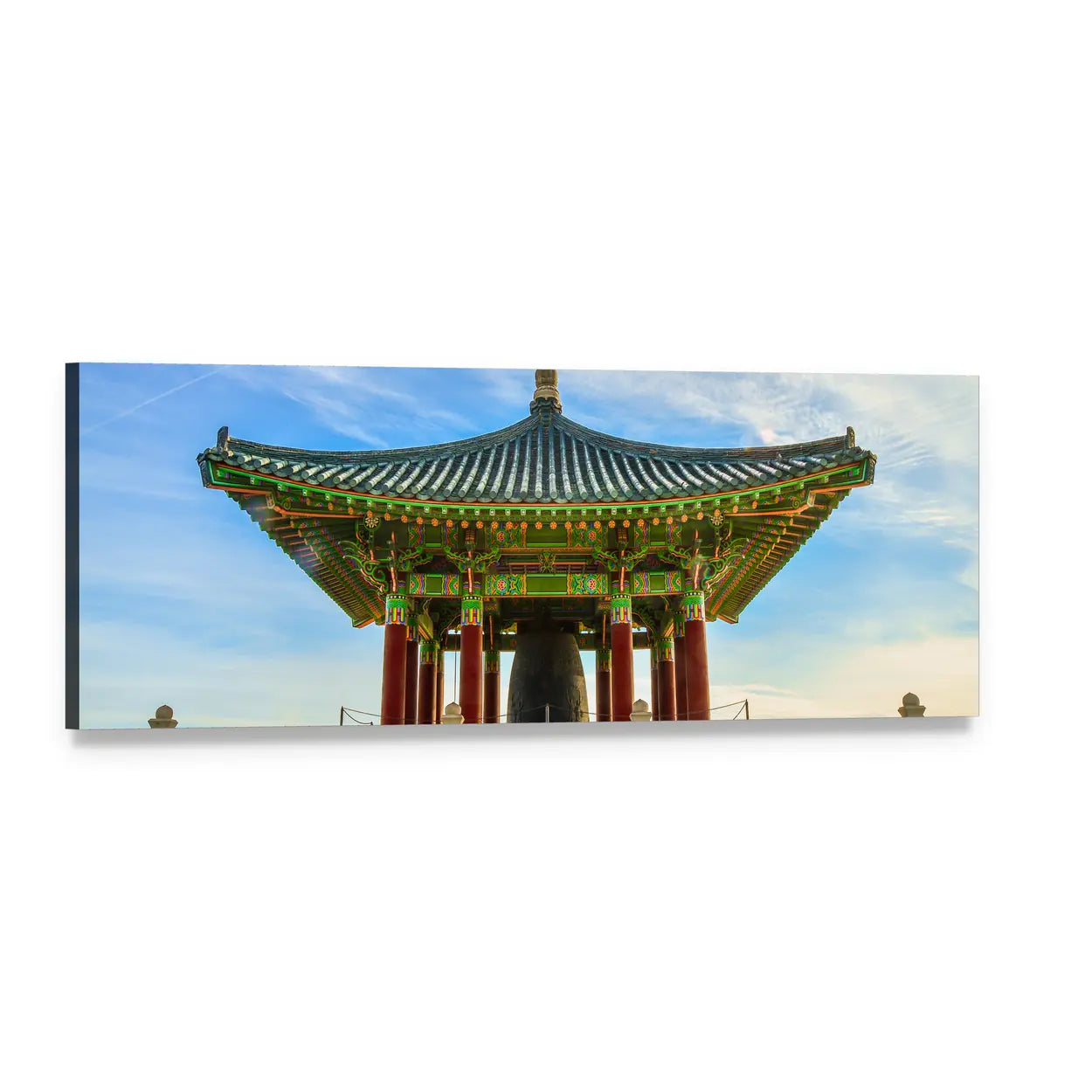 Korean Friendship Bell Pavilion Panoramic Canvas Wall Art, single panel gallery wrapped canvas, angled product view