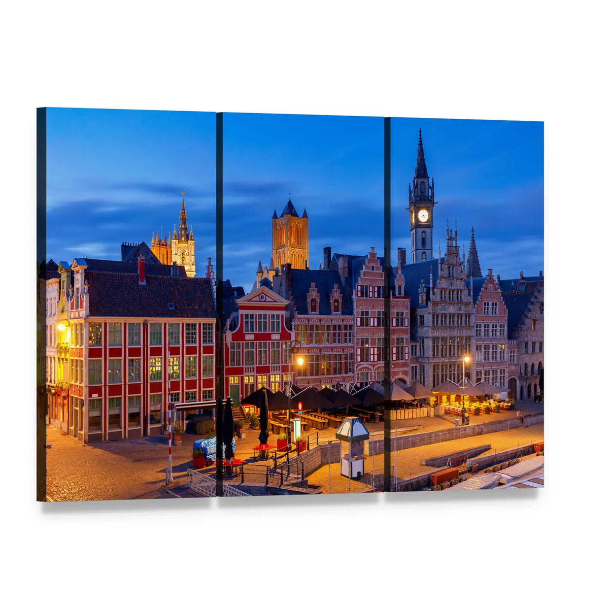 Historic City Embankment at Sunset Canvas Wall Art, 3 panel 3 Horizontal layout gallery wrapped canvas set, angled product view