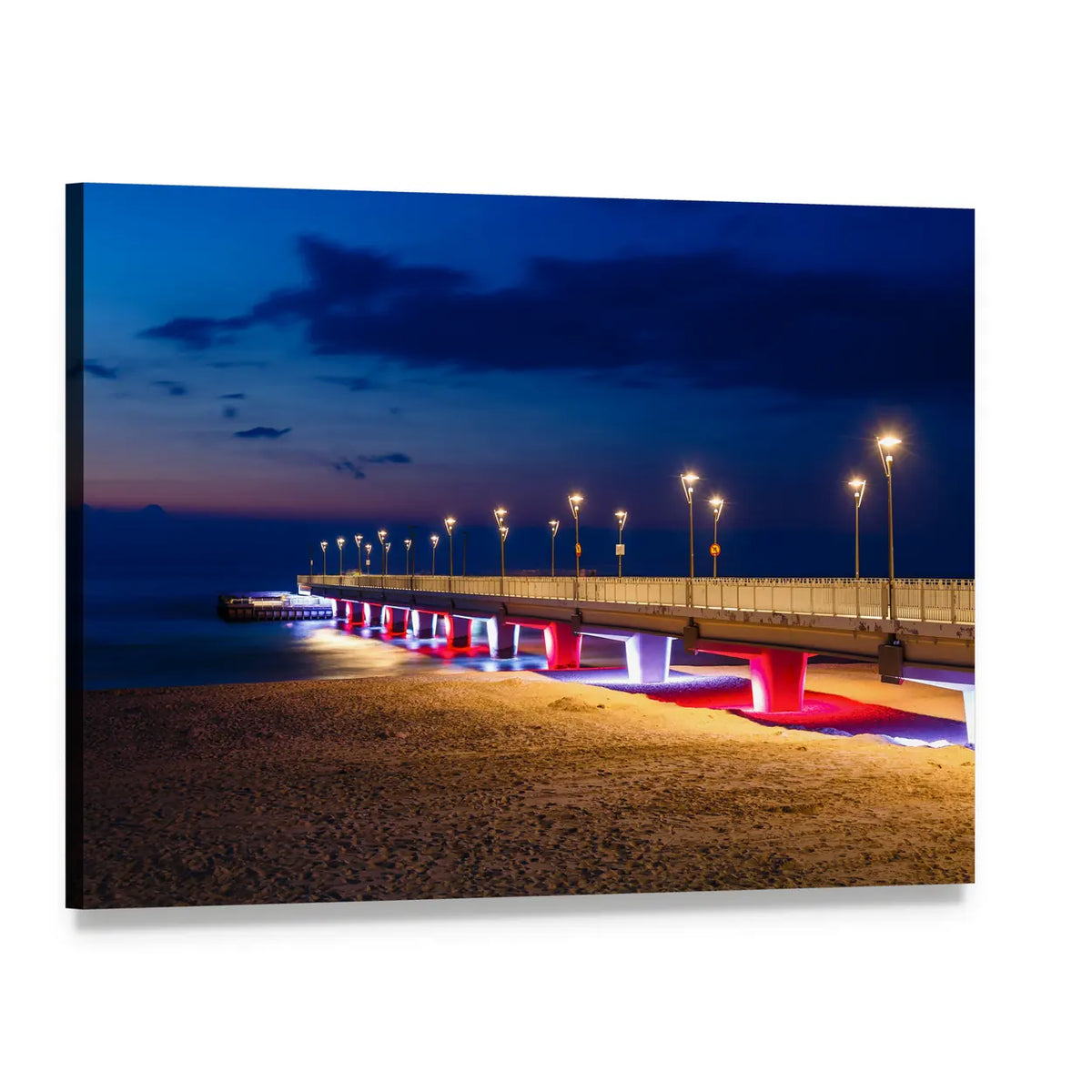 Pier with Glowing Lights at Night Canvas Wall Art, single panel gallery wrapped canvas, angled product view