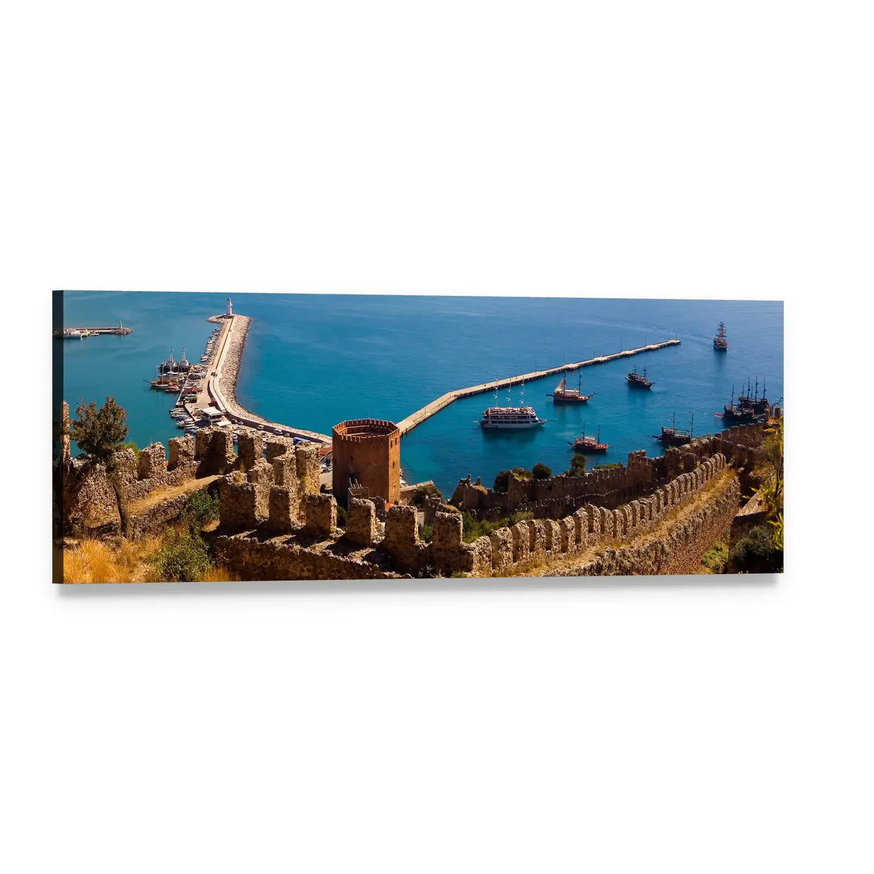 Coastal Fortress with Round Tower Panoramic Canvas Wall Art, single panel gallery wrapped canvas, angled product view