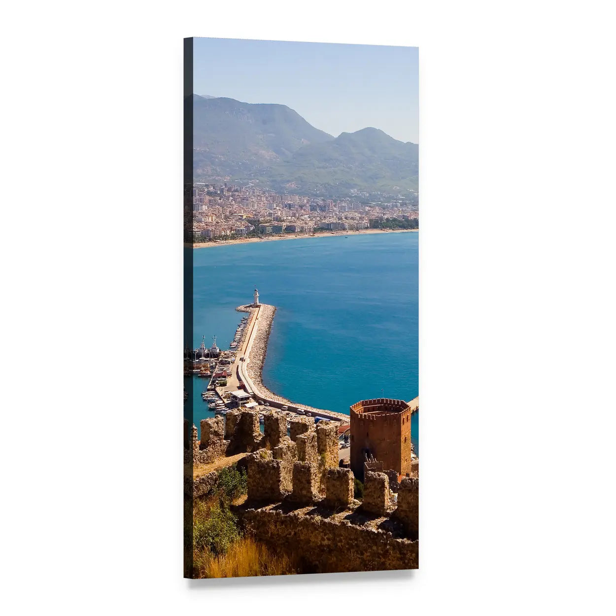 Red Tower Above Turquoise Harbor Vertical Canvas Wall Art, 1 panel 1 Vertical layout gallery wrapped canvas set, angled product view