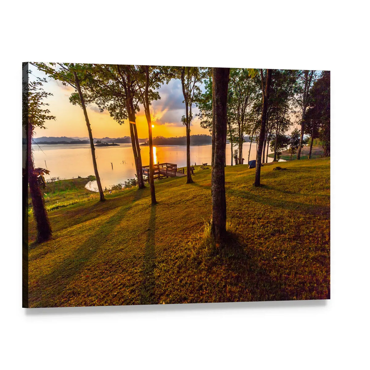 Sunset Over Lake with Pier Canvas Wall Art, single panel gallery wrapped canvas, angled product view