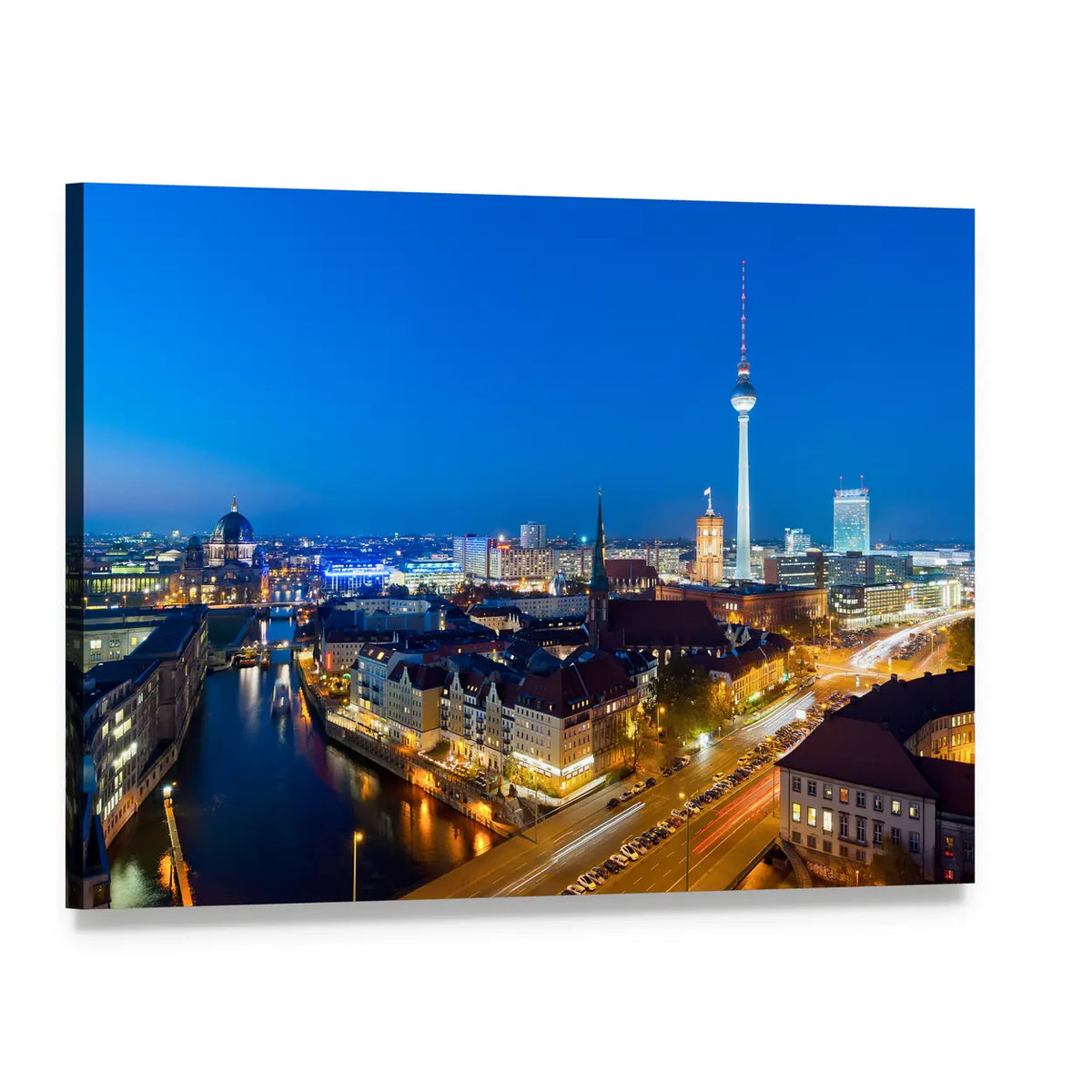 Berlin Night Skyline with Tv Tower Canvas Wall Art, single panel gallery wrapped canvas, angled product view