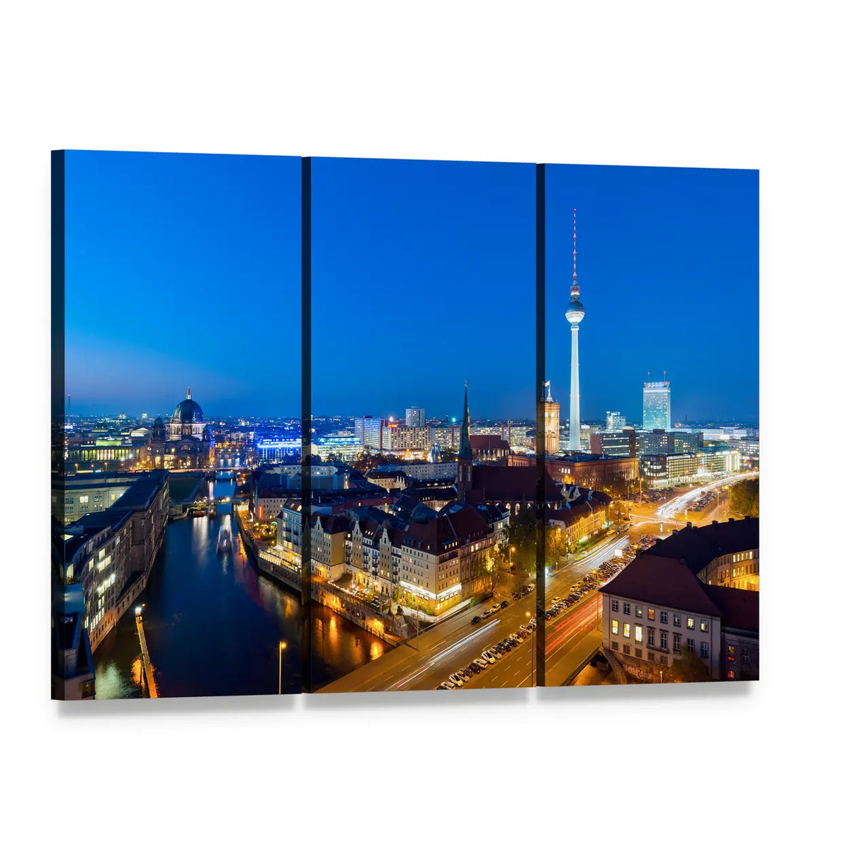 Berlin Night Skyline with Tv Tower Canvas Wall Art, 3 panel 3 Horizontal layout gallery wrapped canvas set, angled product view
