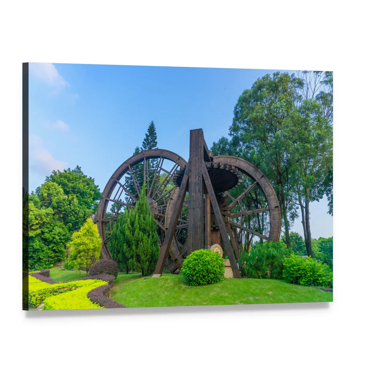 China Folk Village Water Wheels Canvas Wall Art, single panel gallery wrapped canvas, angled product view