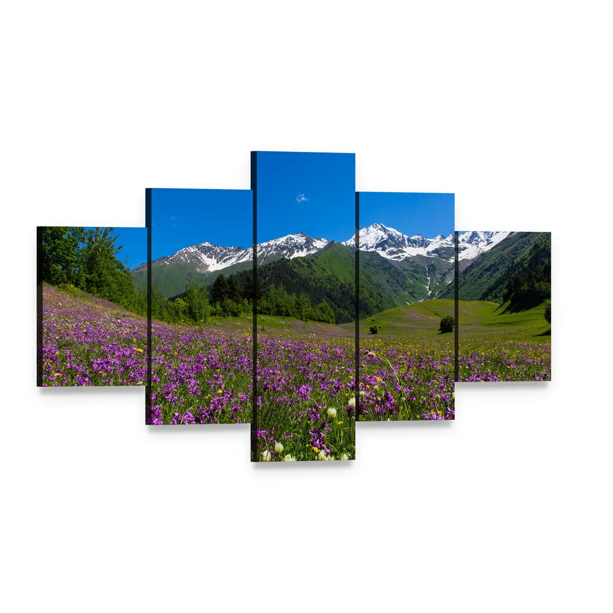 Alpine Fields with Purple Flowers Canvas Wall Art, 5 panel 5 Star layout gallery wrapped canvas set, angled product view