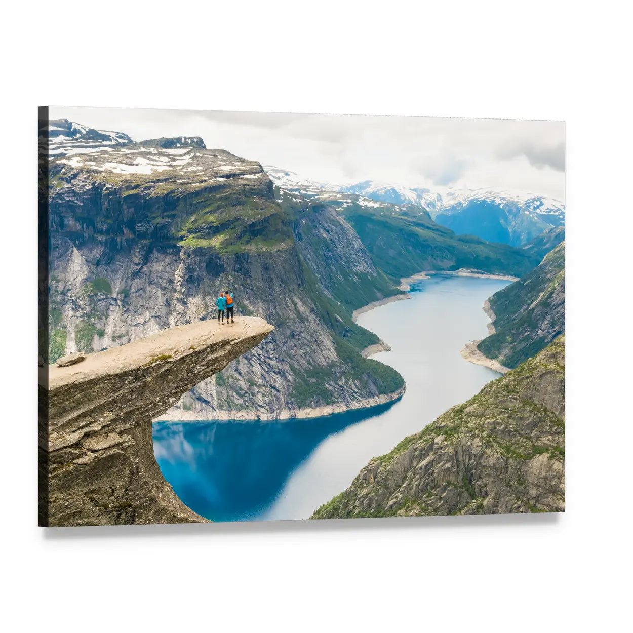Couple on Trolltunga Cliff Overlooking Lake Canvas Wall Art, single panel gallery wrapped canvas, angled product view