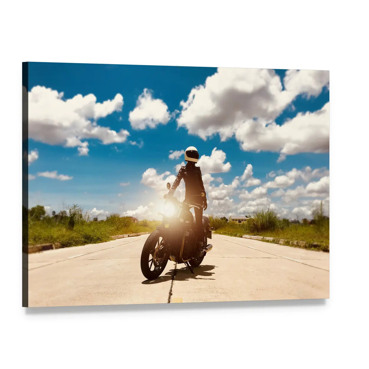 Sunlit Motorcycle Rider on Road Canvas Wall Art, single panel gallery wrapped canvas, angled product view