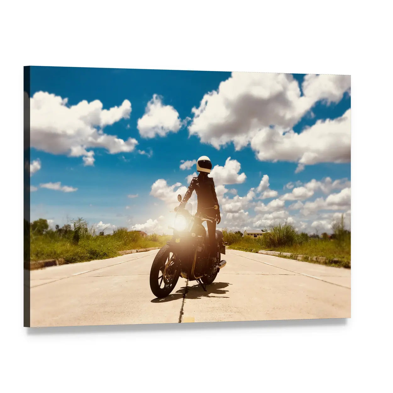 Motorcycle Rider on Open Road Canvas Wall Art, single panel gallery wrapped canvas, angled product view