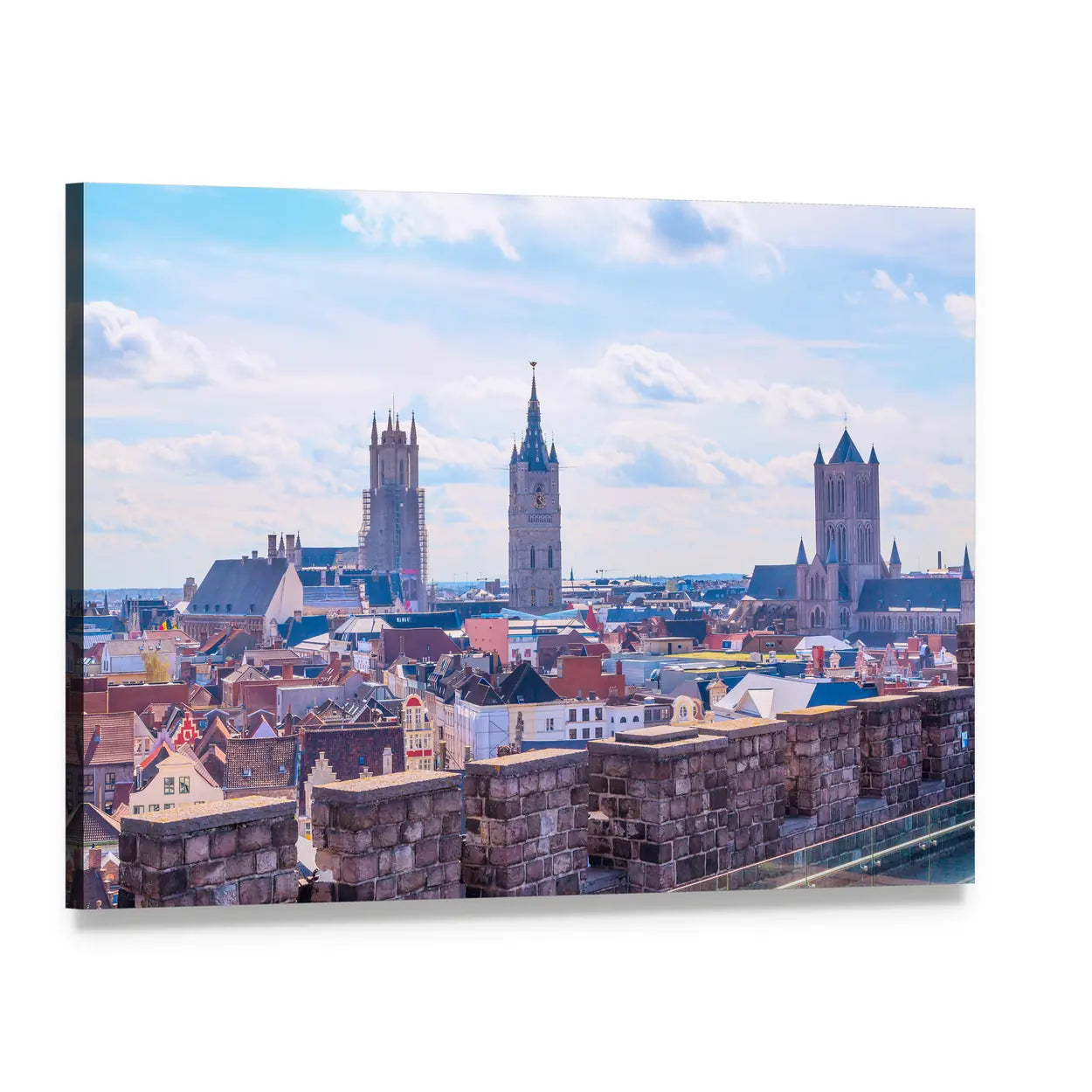 Ghent Cityscape with Belfry and Saint Bavo's Cathedral Canvas Wall Art, single panel gallery wrapped canvas, angled product view