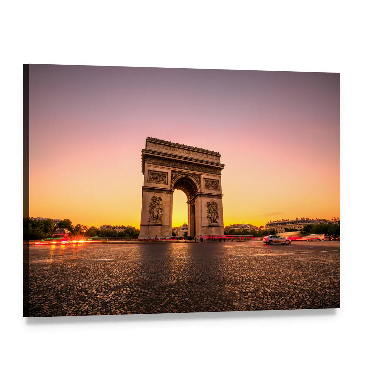 Arc De Triomphe at Sunset Canvas Wall Art, single panel gallery wrapped canvas, angled product view