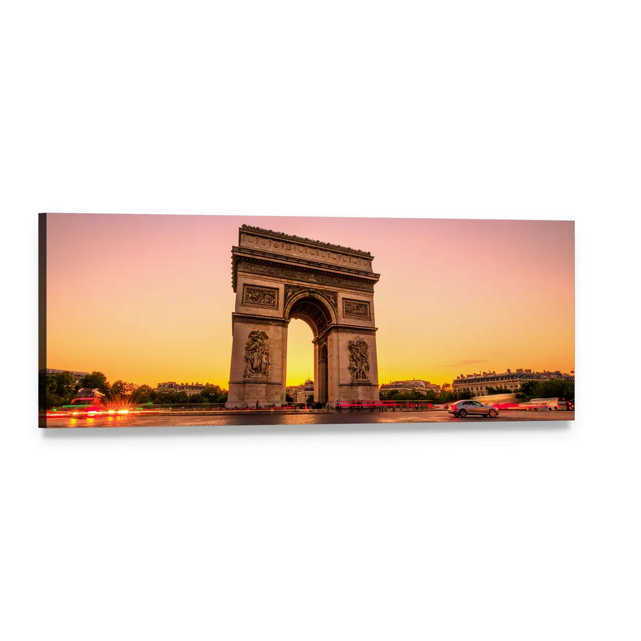 Arc De Triomphe at Sunset Panoramic Canvas Wall Art, single panel gallery wrapped canvas, angled product view