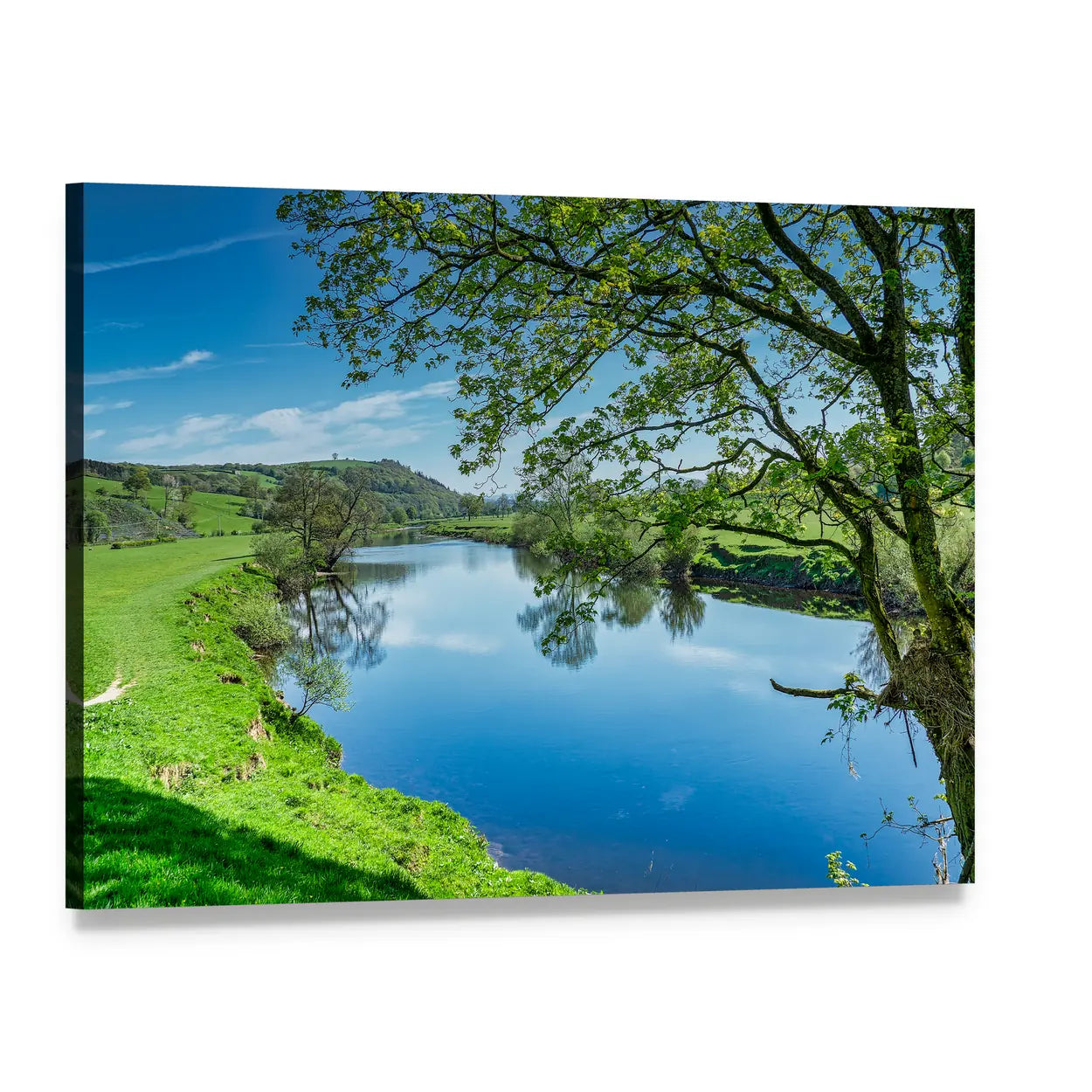 Blue River with Reflections Canvas Wall Art, single panel gallery wrapped canvas, angled product view
