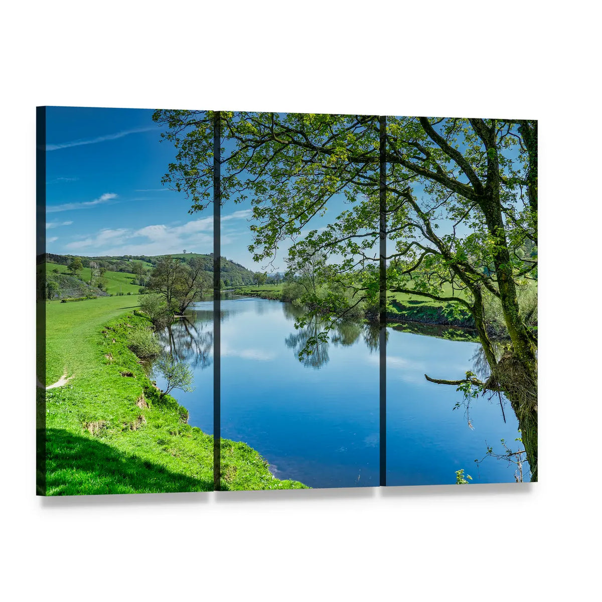 Blue River with Reflections Canvas Wall Art, 3 panel 3 Horizontal layout gallery wrapped canvas set, angled product view