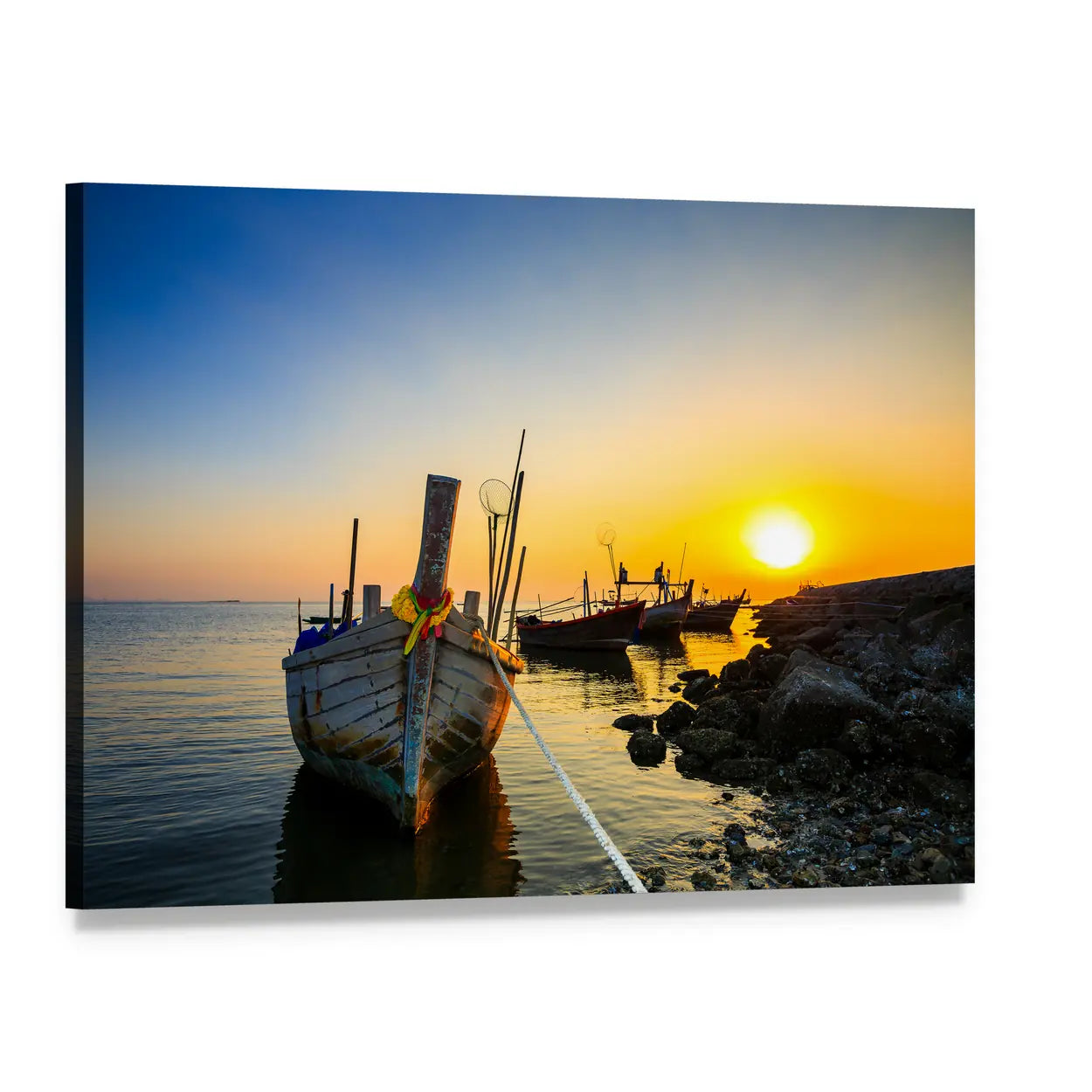 Fishing Boat at Sunset Canvas Wall Art, single panel gallery wrapped canvas, angled product view