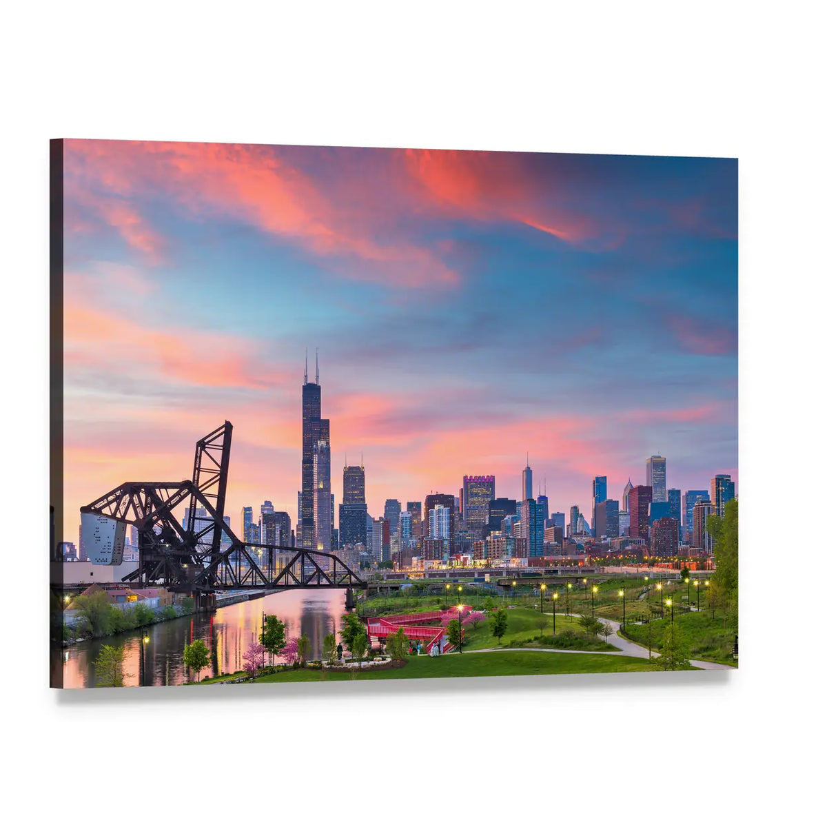 Chicago Skyline at Twilight Canvas Wall Art, single panel gallery wrapped canvas, angled product view