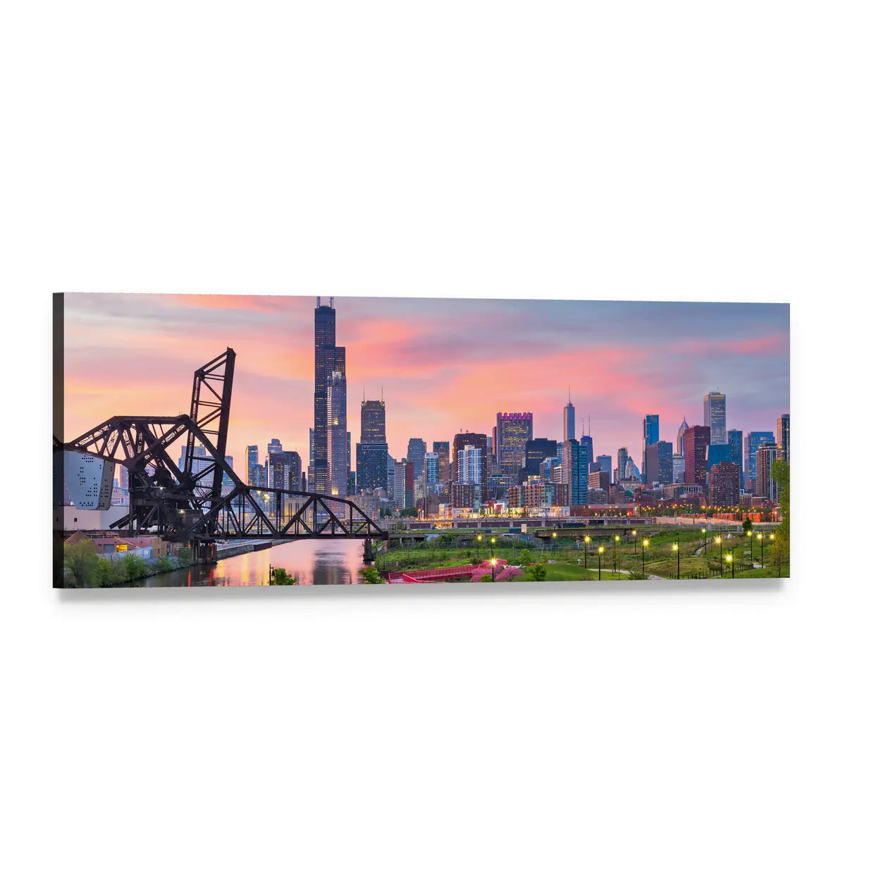 Chicago Skyline at Twilight Panoramic Canvas Wall Art, single panel gallery wrapped canvas, angled product view
