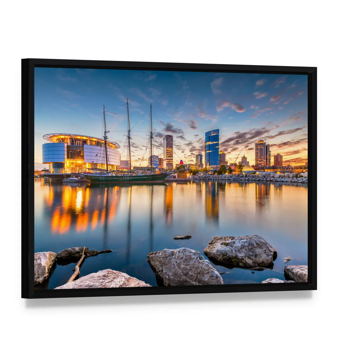 Milwaukee Harbor Skyline at Sunset Canvas Wall Art, framed canvas in a black floater frame, angled product view