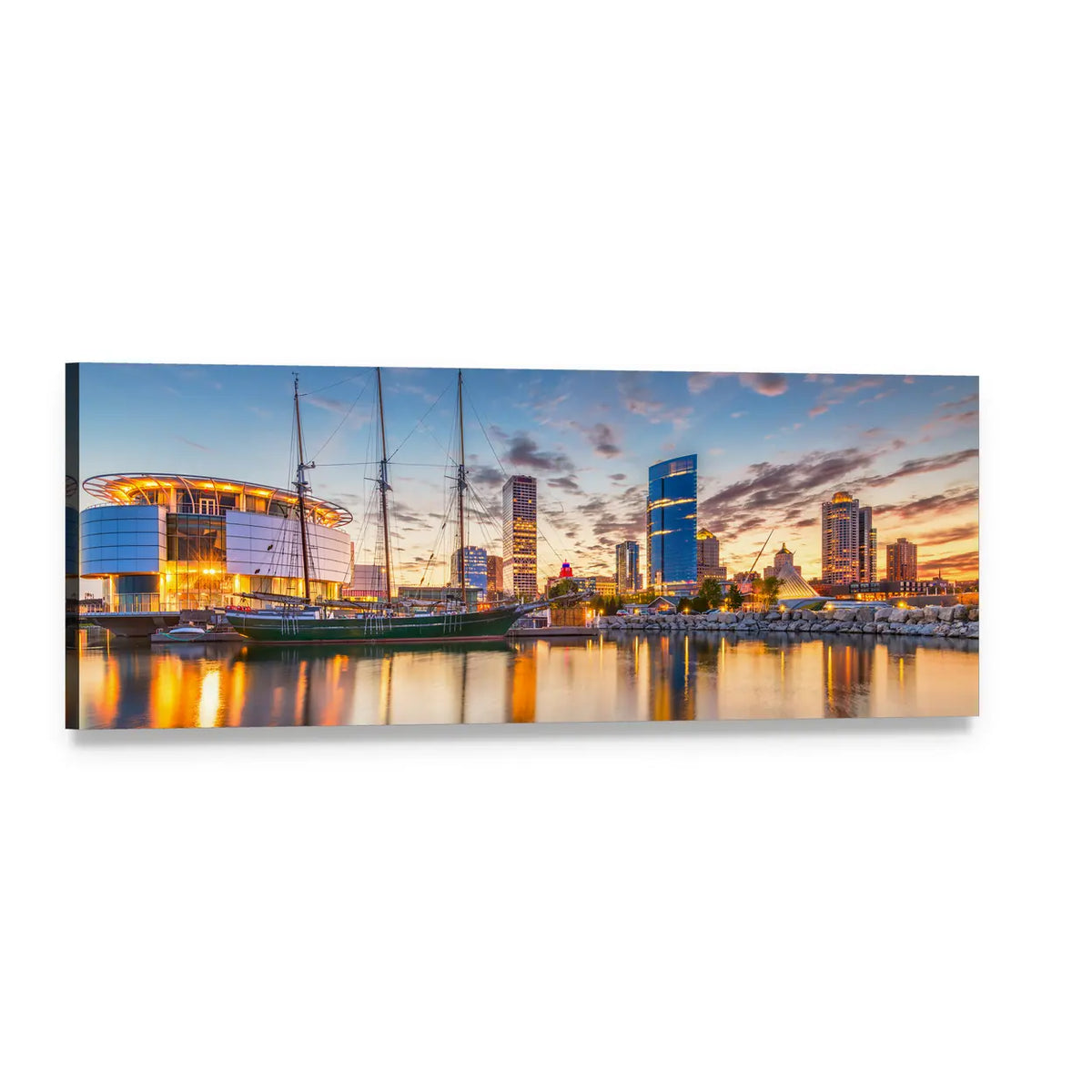 Milwaukee Harbor Skyline at Golden Hour Panoramic Canvas Wall Art, single panel gallery wrapped canvas, angled product view