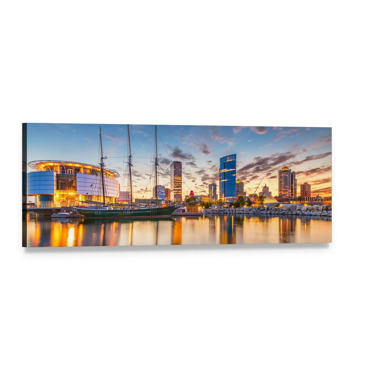 Milwaukee Harbor Skyline at Golden Hour Panoramic Canvas Wall Art, single panel gallery wrapped canvas, angled product view