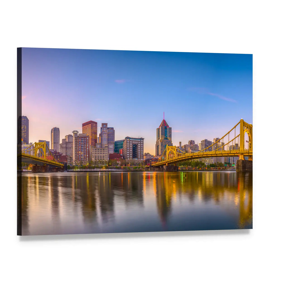 Pennsylvania Skyline on the Allegheny River Canvas Wall Art, single panel gallery wrapped canvas, angled product view