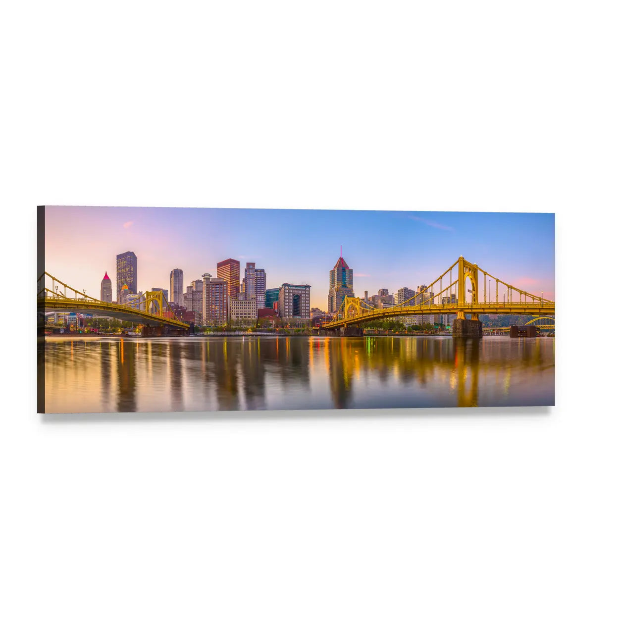 Pittsburgh Skyline Over Allegheny River Panoramic Canvas Wall Art, single panel gallery wrapped canvas, angled product view