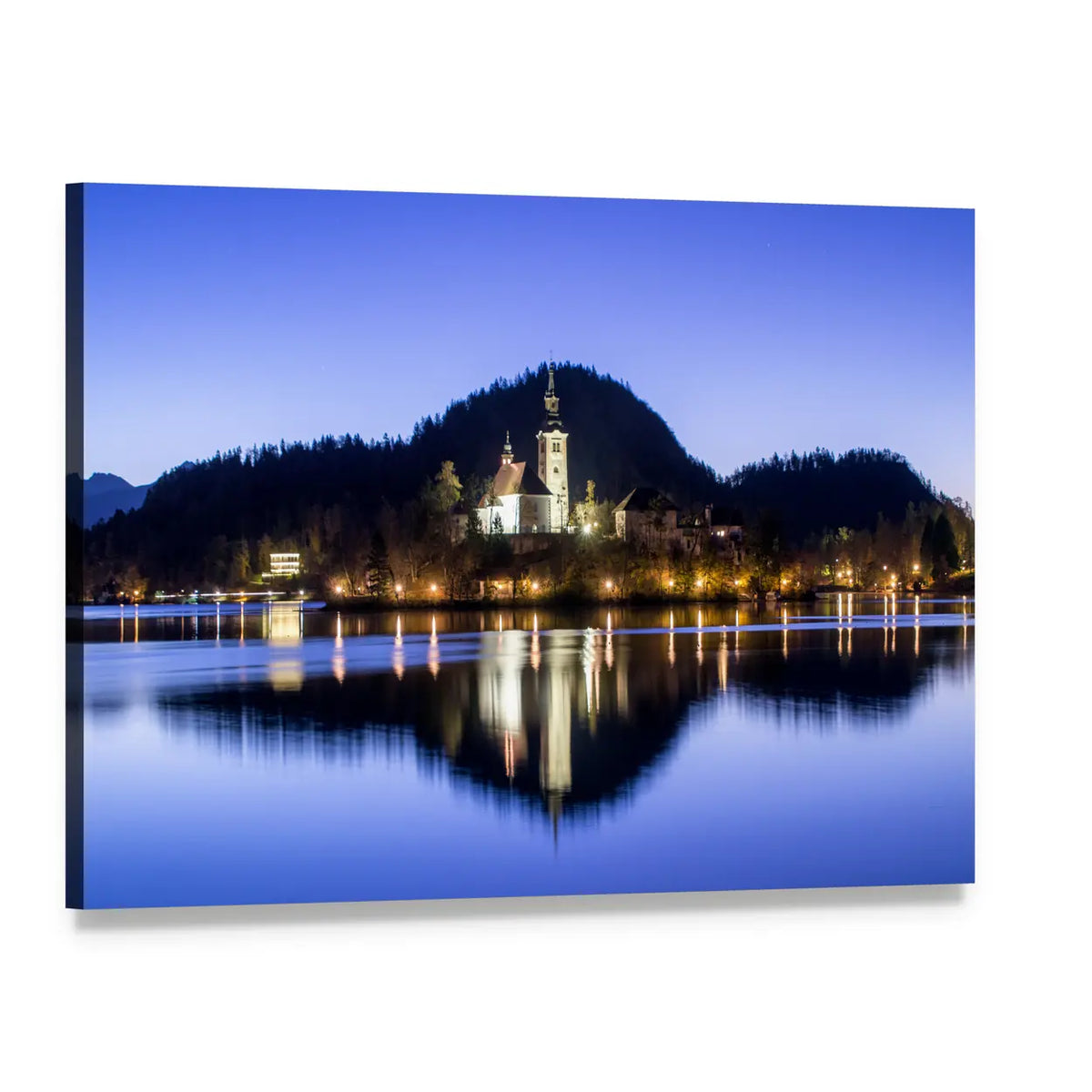 Lake Bled Island Church at Blue Hour Canvas Wall Art, single panel gallery wrapped canvas, angled product view