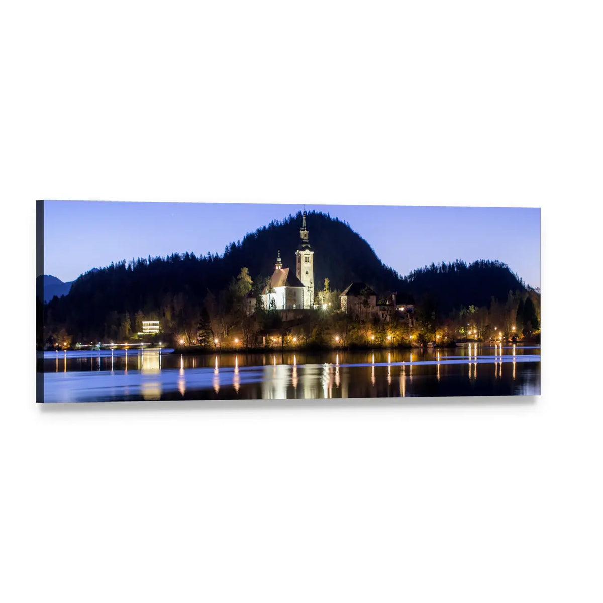 Church on Hill Above Reflective Lake Panoramic Canvas Wall Art, single panel gallery wrapped canvas, angled product view