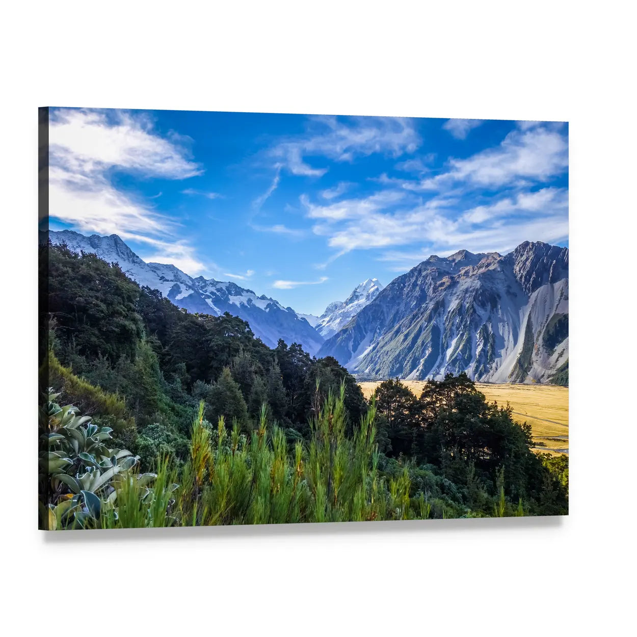 Aoraki Mount Cook Mountain Landscape Canvas Wall Art, single panel gallery wrapped canvas, angled product view