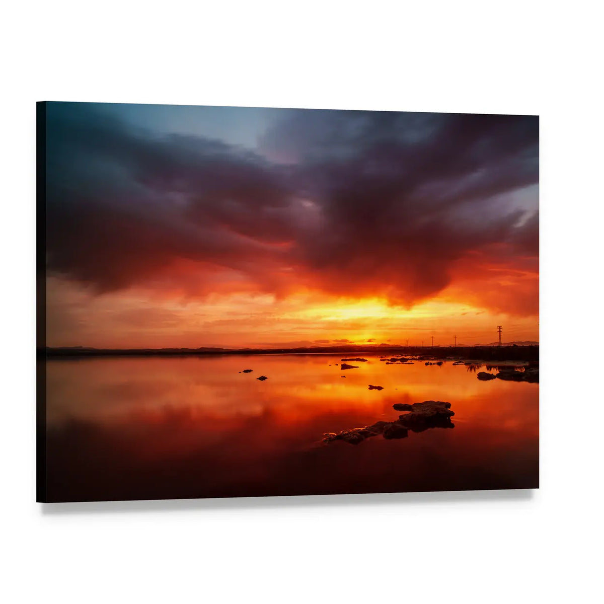 Sunset Over Still Lake in Torrevieja Canvas Wall Art, single panel gallery wrapped canvas, angled product view