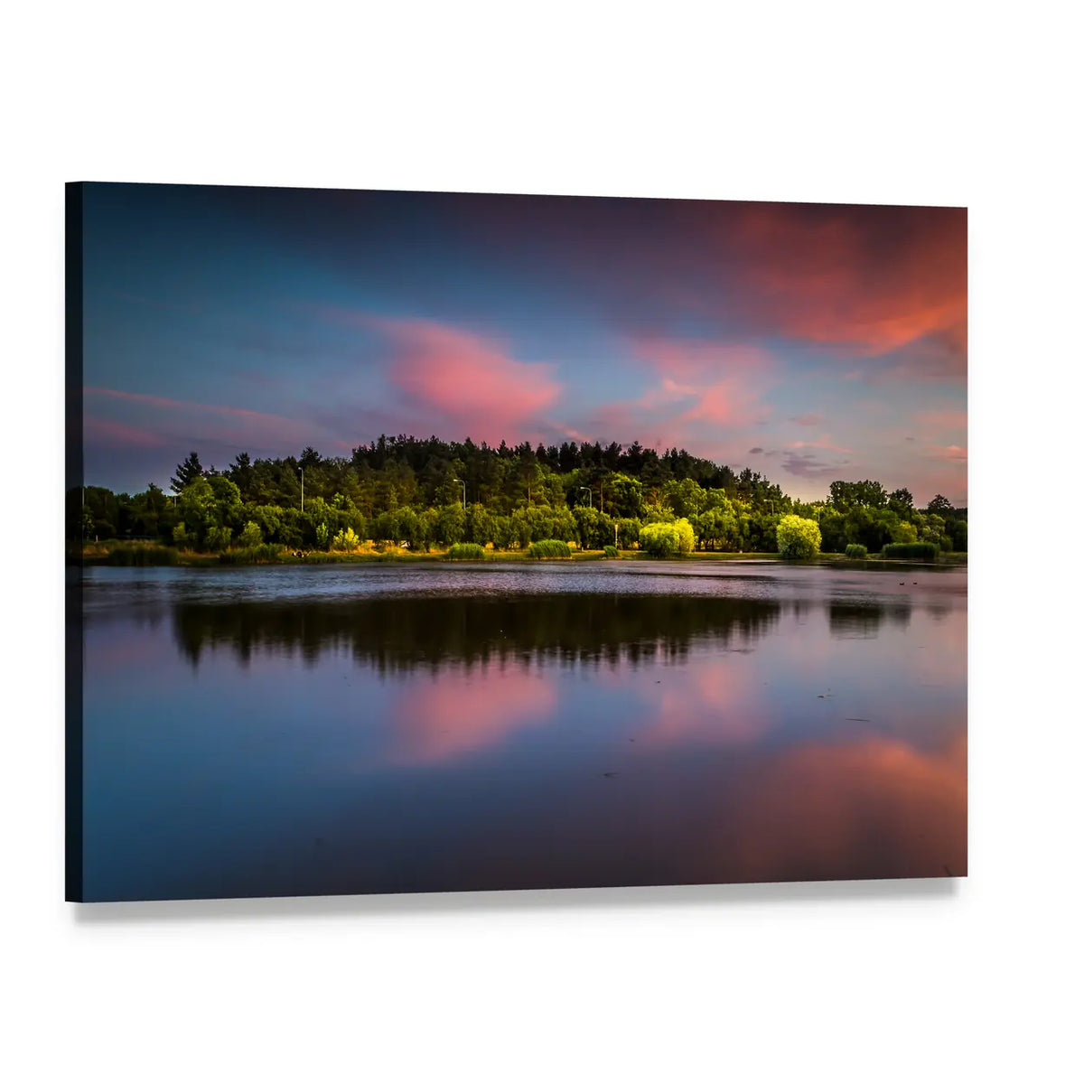 Sunset Pond with Pink Cloud Reflections Canvas Wall Art, single panel gallery wrapped canvas, angled product view