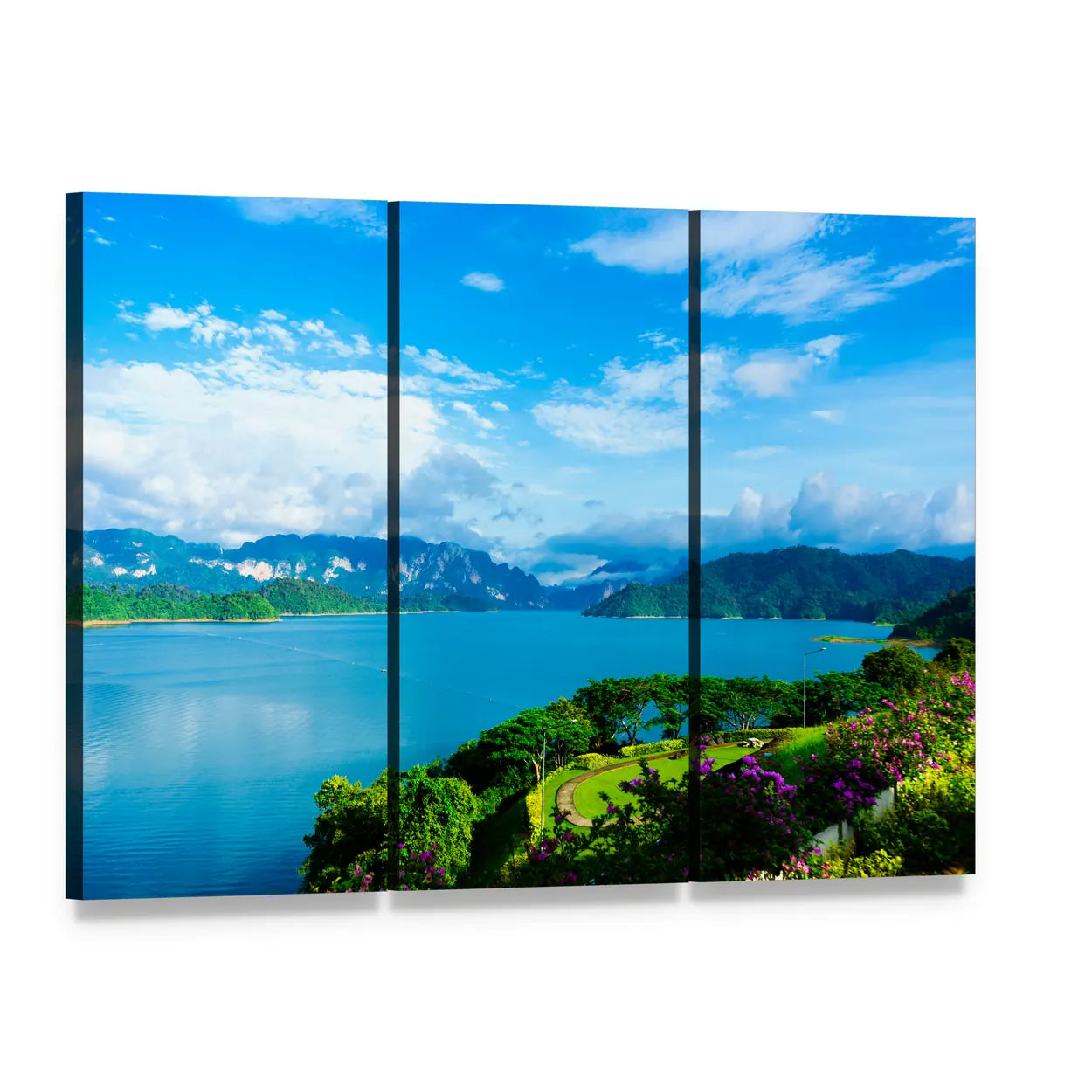 Misty Mountains Over Lush Lake Canvas Wall Art, 3 panel 3 Horizontal layout gallery wrapped canvas set, angled product view