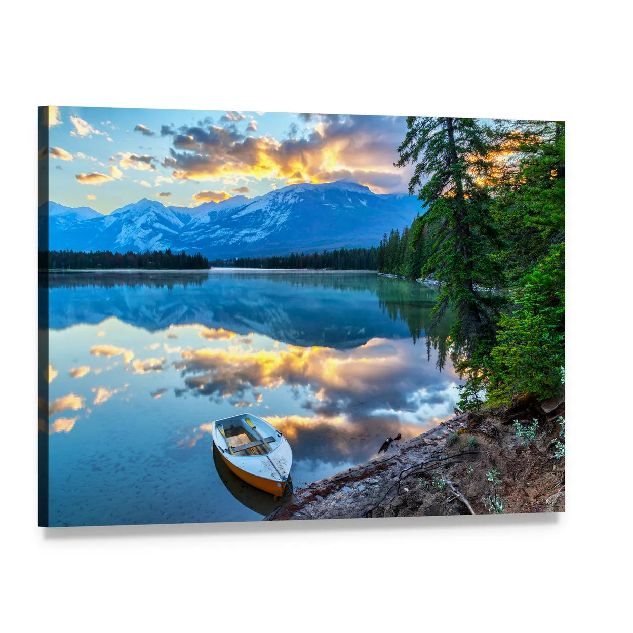 Boat at Edith Lake Canvas Wall Art, single panel gallery wrapped canvas, angled product view