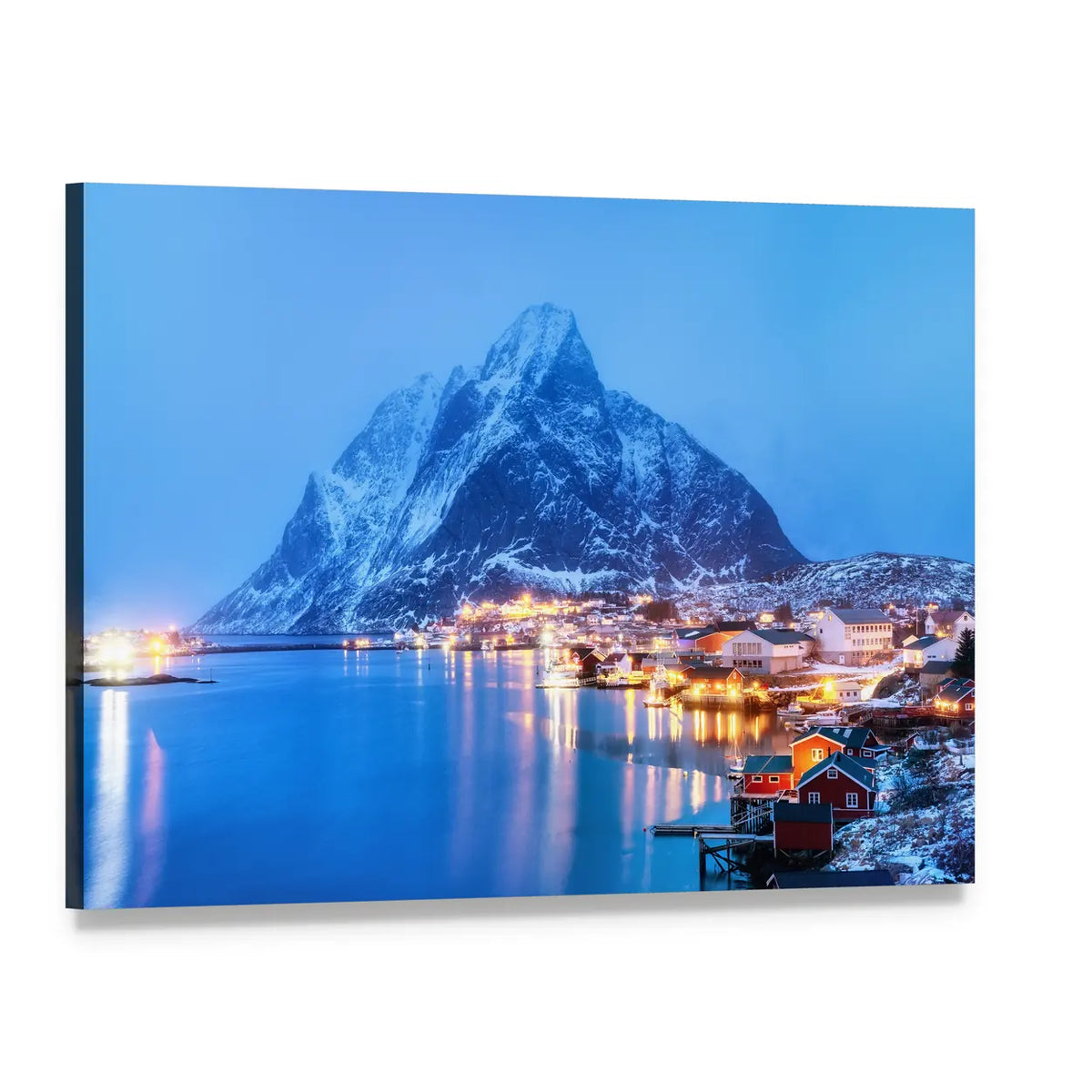Lofoten Bay with Snow-covered Peaks Canvas Wall Art, single panel gallery wrapped canvas, angled product view
