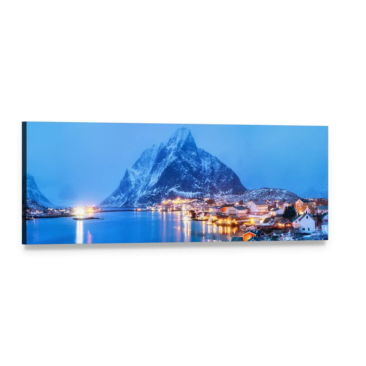 Lofoten Sea Bay at Twilight Panoramic Canvas Wall Art, single panel gallery wrapped canvas, angled product view