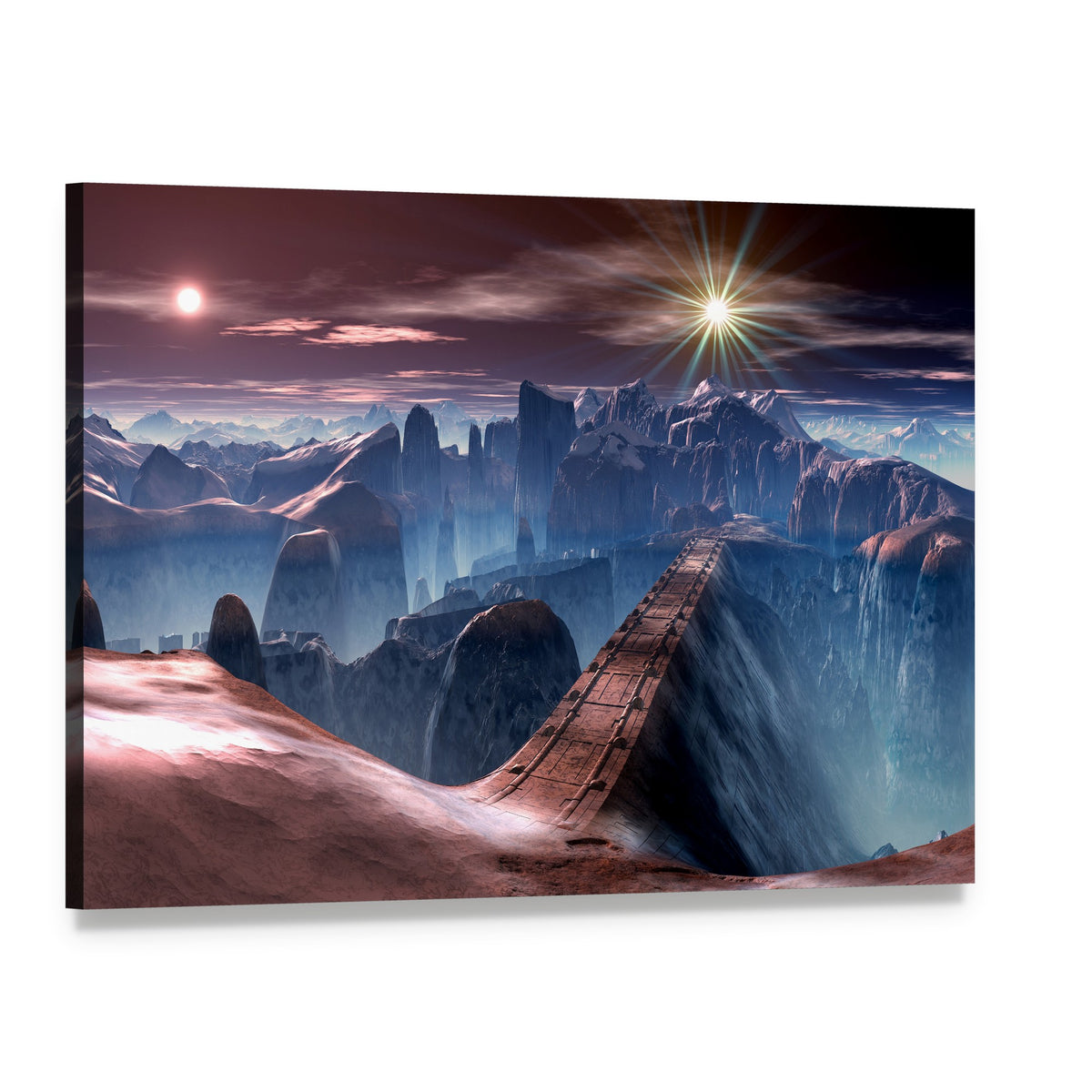 Bridge Over Alien Planet Canvas Wall Art, single panel gallery wrapped canvas, angled product view