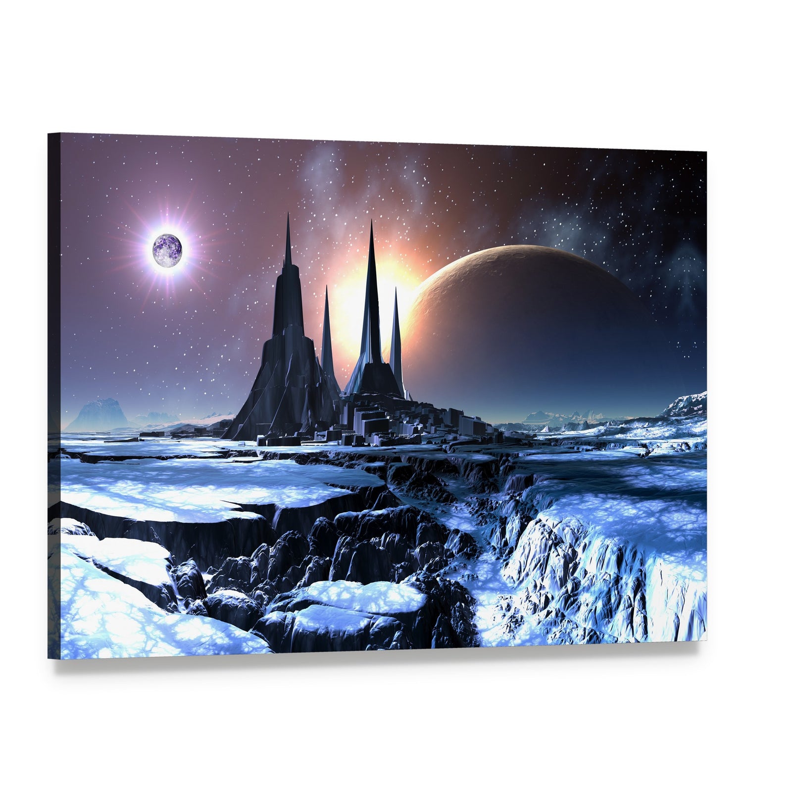 Snowy Alien Planet Canvas Wall Art, single panel gallery wrapped canvas, angled product view