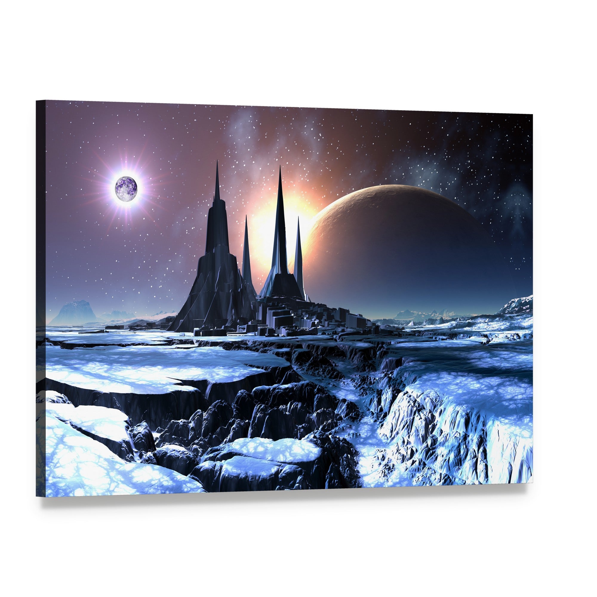 Snowy Alien Planet Canvas Wall Art, single panel gallery wrapped canvas, angled product view