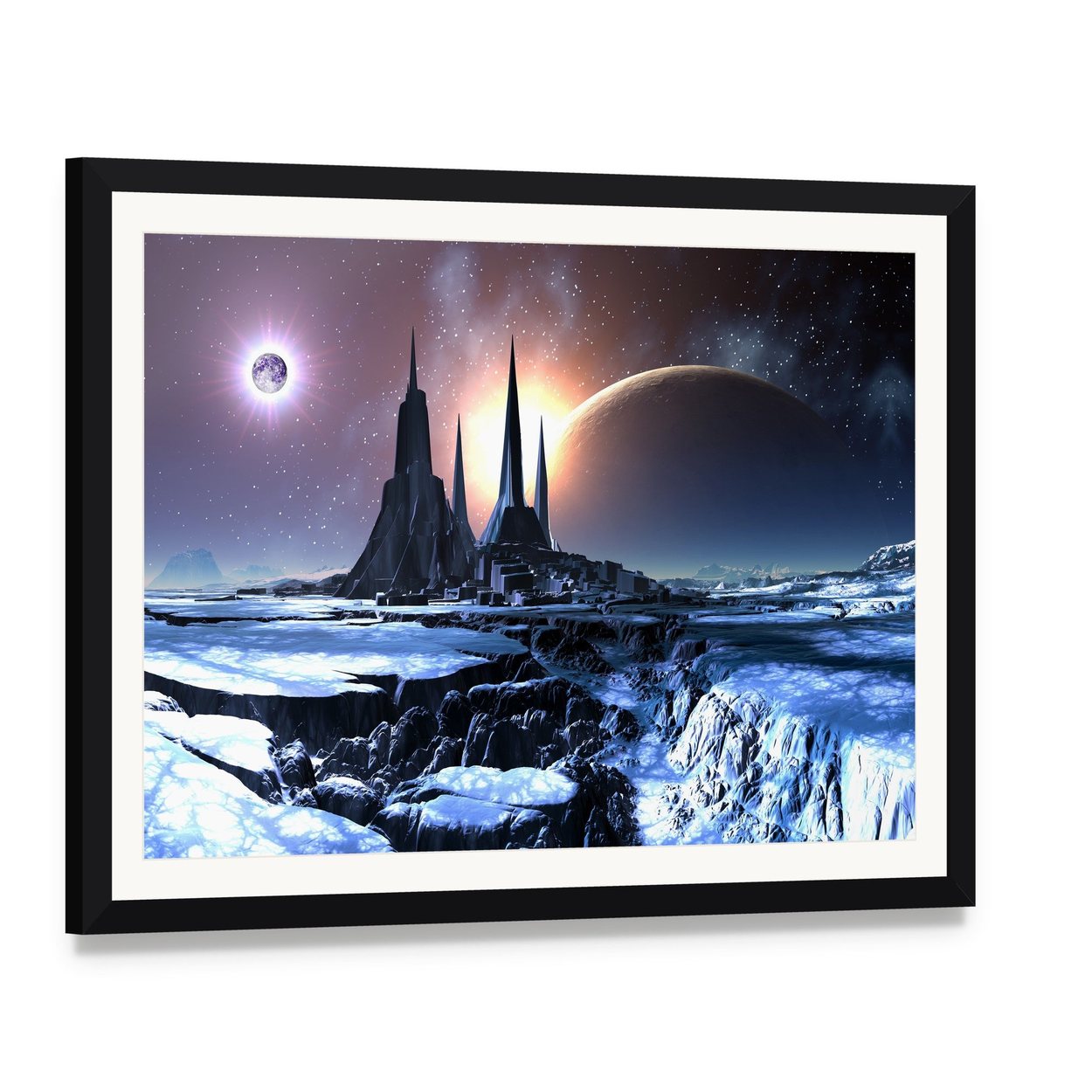 Snowy Alien Planet Canvas Wall Art, framed print with white mat and black frame, angled product view
