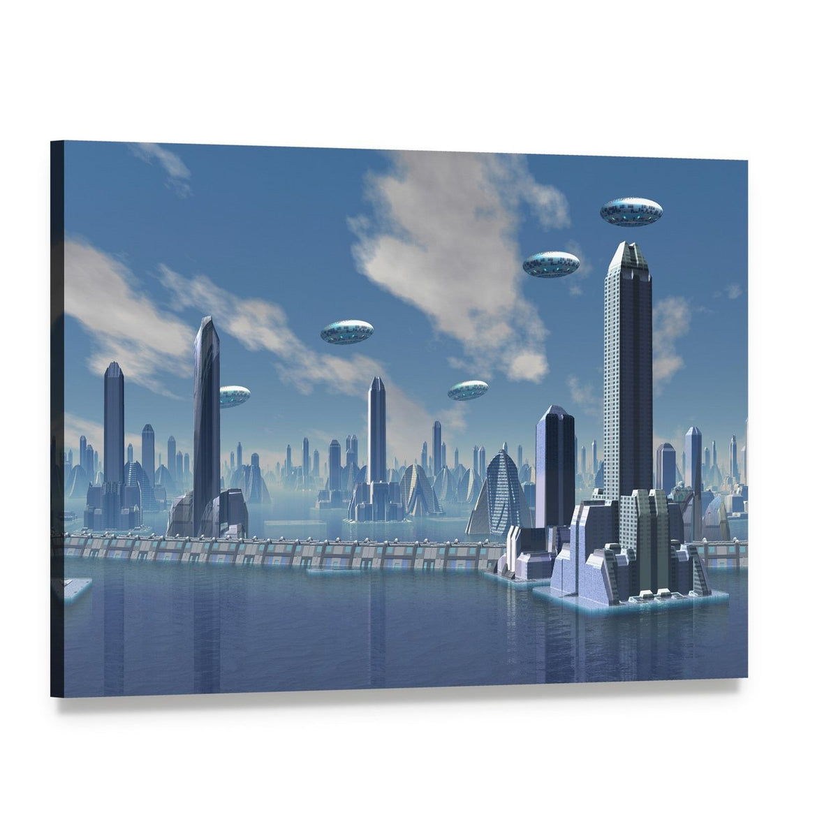 Ufo Over Futuristic Alien City Canvas Wall Art, single panel gallery wrapped canvas, angled product view