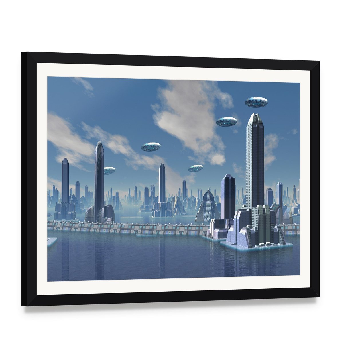 Ufo Over Futuristic Alien City Canvas Wall Art, framed print with white mat and black frame, angled product view