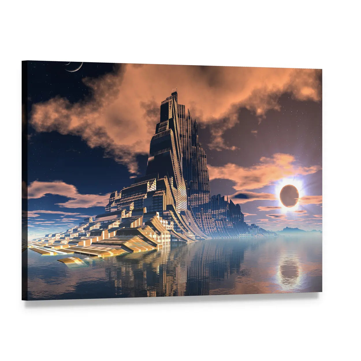 Alien City Under Solar Eclipse Canvas Wall Art, single panel gallery wrapped canvas, angled product view
