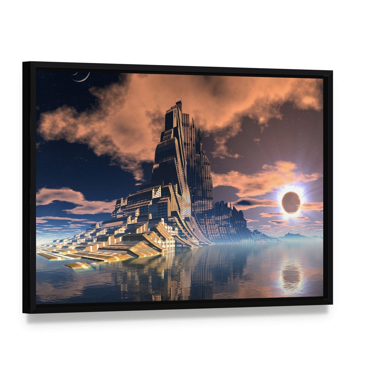 Alien City Canvas Wall Art, framed canvas in a black floater frame, angled product view