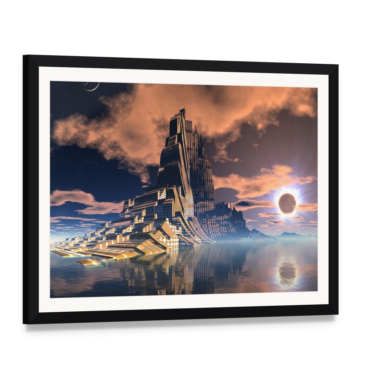 Alien City Canvas Wall Art, framed print with white mat and black frame, angled product view