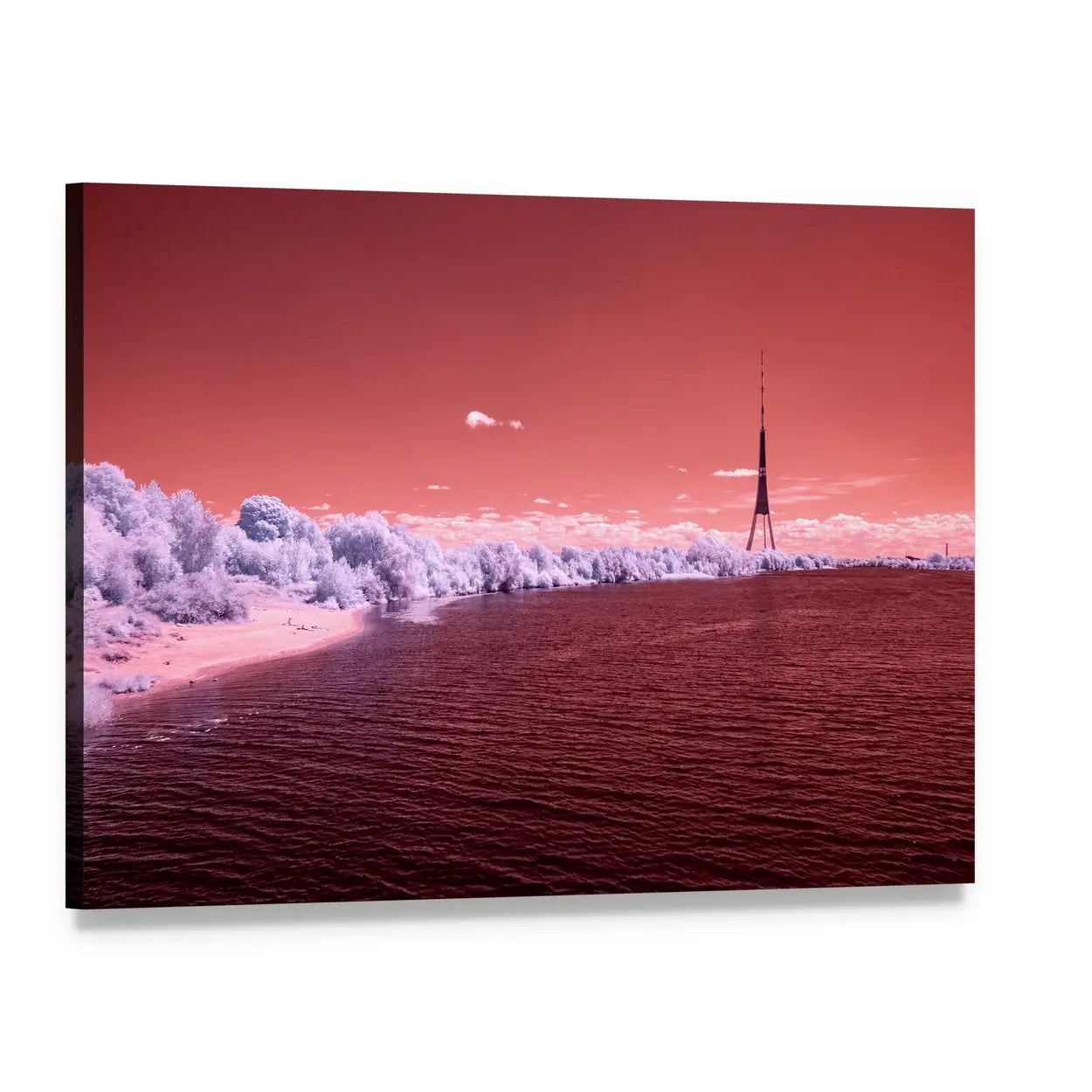 Salmon Pink River with White Trees and Tower Canvas Wall Art, single panel gallery wrapped canvas, angled product view