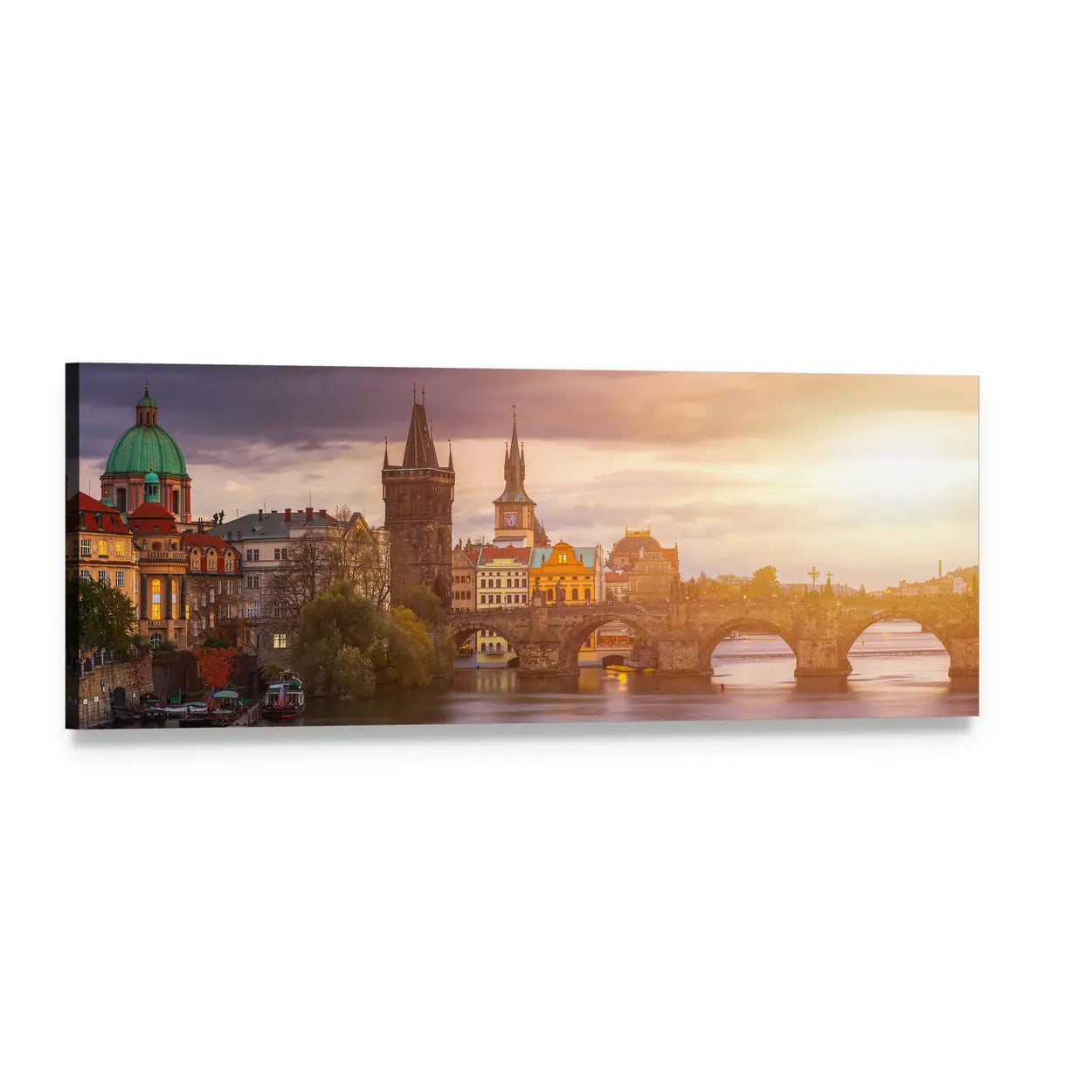 Charles Bridge in Prague at Golden Hour Panoramic Canvas Wall Art, single panel gallery wrapped canvas, angled product view