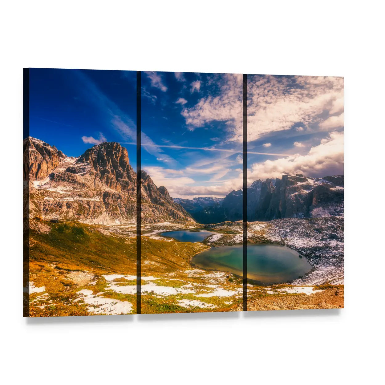 Del Piani Lakes Mountain View Canvas Wall Art, 3 panel 3 Horizontal layout gallery wrapped canvas set, angled product view